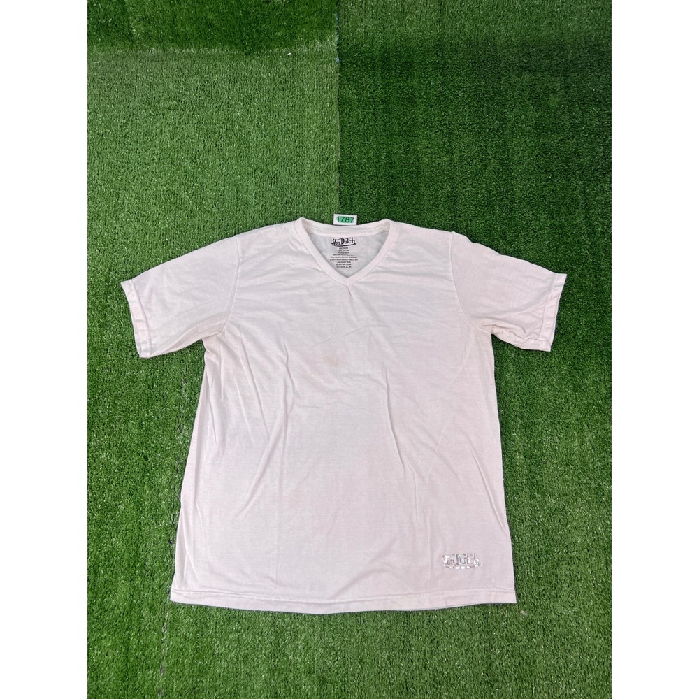 Von Dutch Mens V-Neck T-Shirt Off-White Cotton Metallic Logo Size Medium